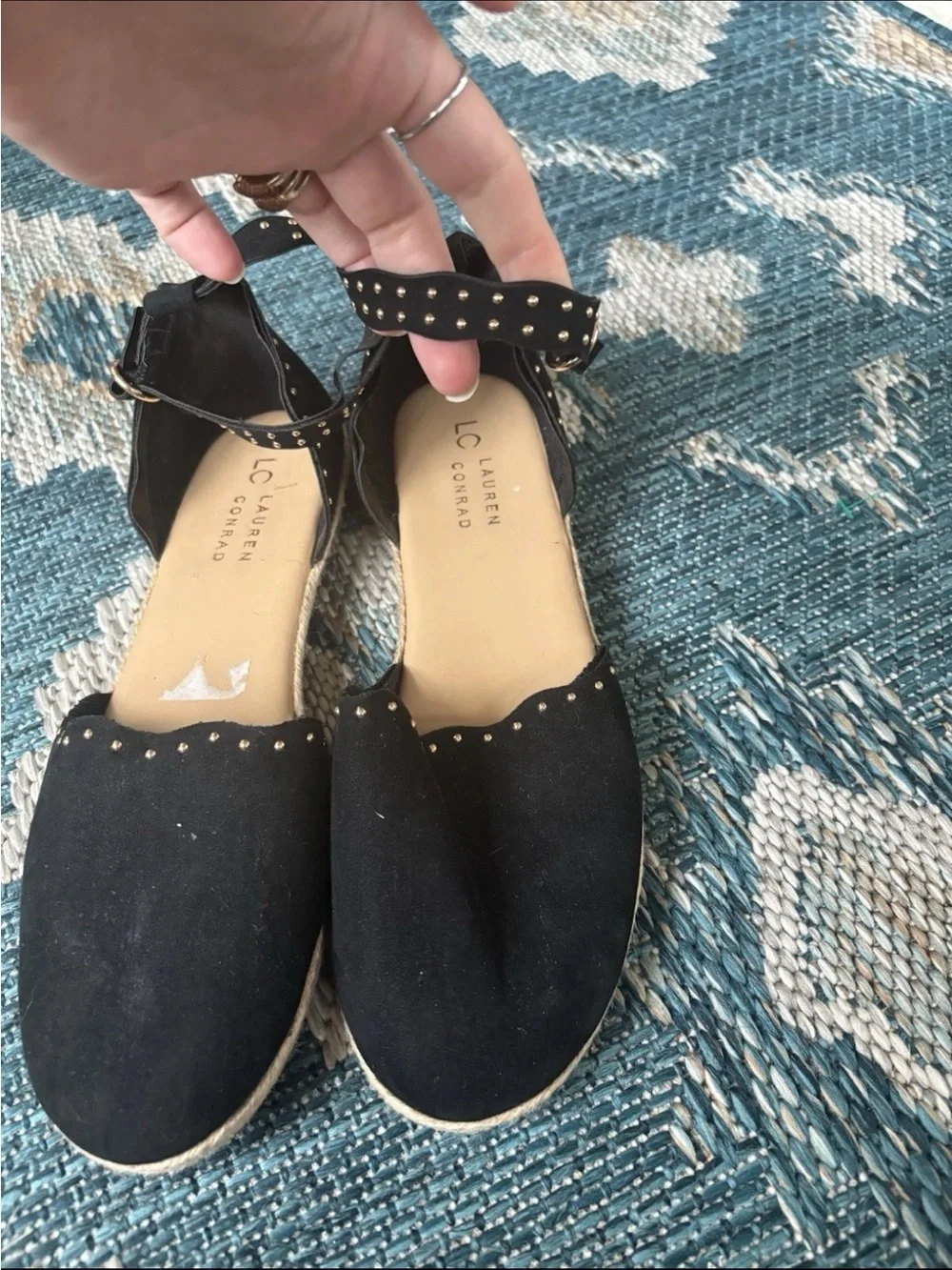 LC Lauren Conrad Black Studded Ankle-Strap Espadrille Flats